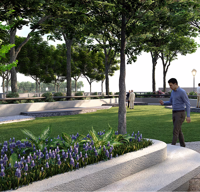 A landscaped walkway at Rare Earth, benches set along the path.
