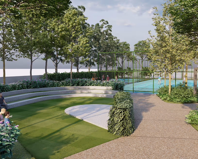 Lawn and young trees beside a Rare Earth walkway.